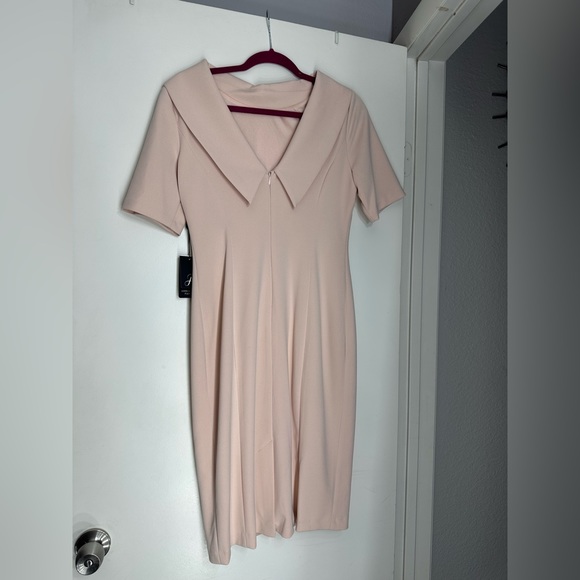 Adrianna Papell V-Back Foldover Collar Short Sleeve Sheath Dress 6 blush color - Picture 4 of 8